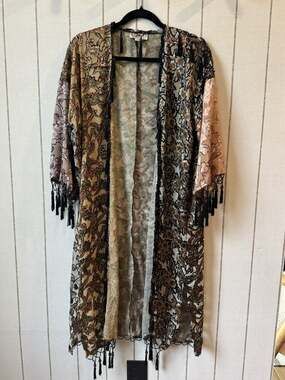 Sterling Styles Long Kimono Patchwork Burnout Velvet OS Fringe Tassel Boho Artsy